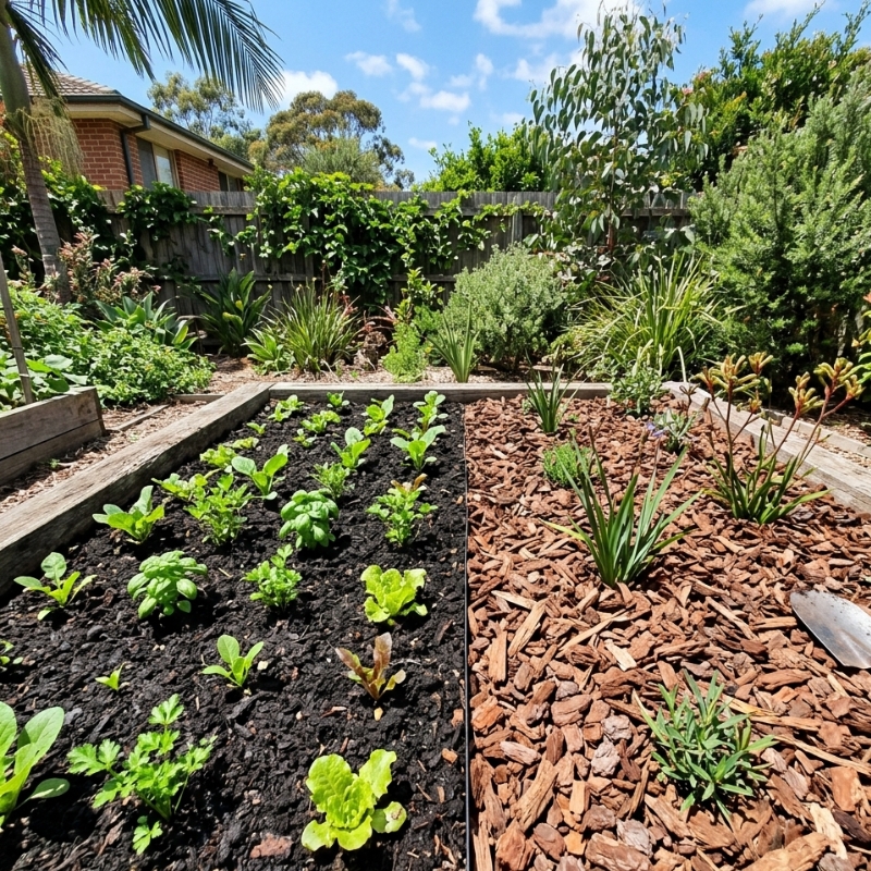 Comparison of compost and wood-chip mulch layers in a Sydney garden bed.