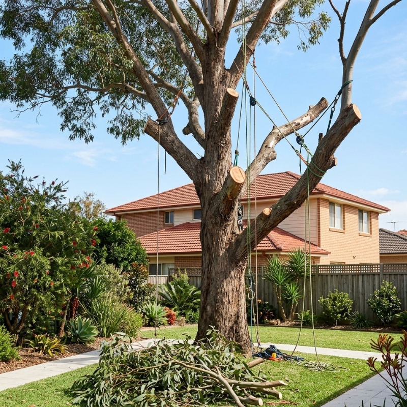 Tree lopping in a residential backyard with ropes securing large branches during controlled pruning of a mature gum tree.