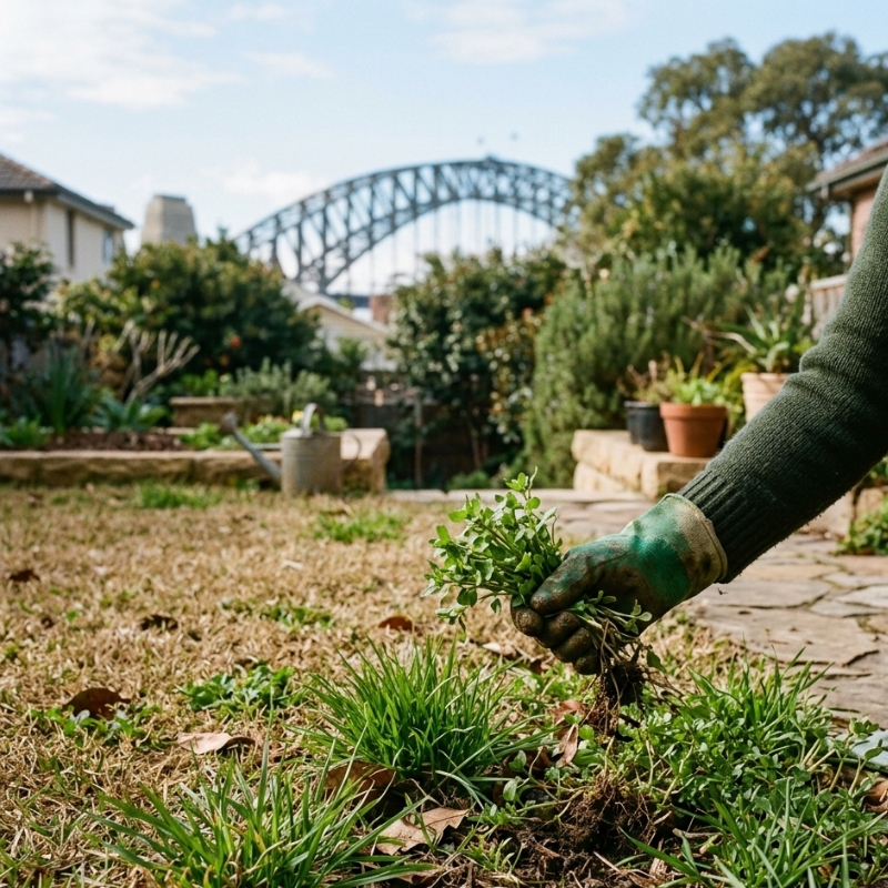 Gardener removing winter weeds from a Sydney lawn during a sunny Julne morning