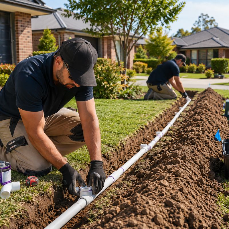 A1 technicians trenching and laying PVC pipes for a sprinkler system installation