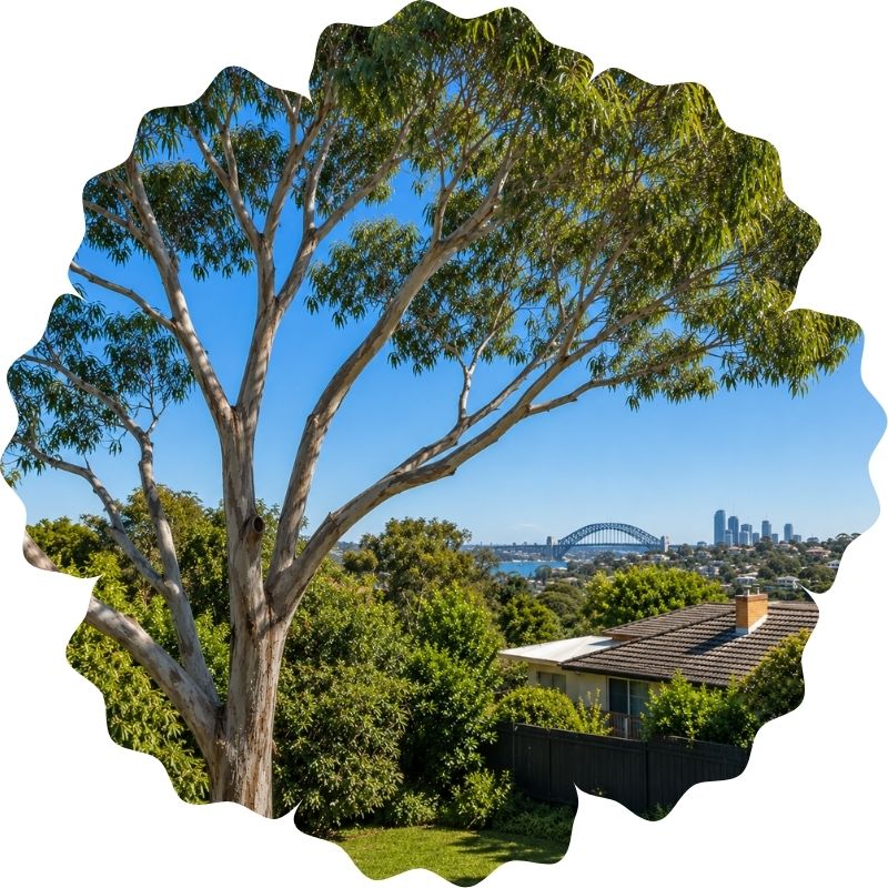 Large eucalyptus tree in a leafy suburban backyard overlooking Sydney Harbour, with the Sydney Harbour Bridge and city skyline visible in the distance under a clear blue sky.