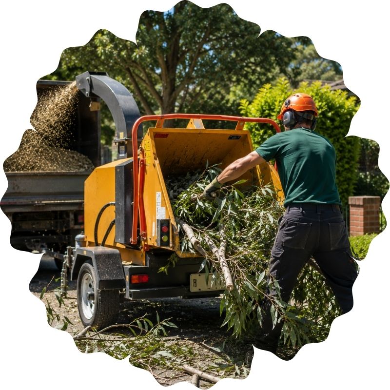 Wood chipper processing lopped branches after pruning service