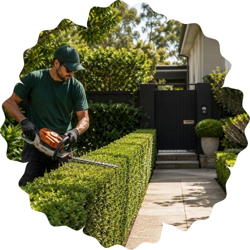 Petrol hedge trimmer and safety gear on site