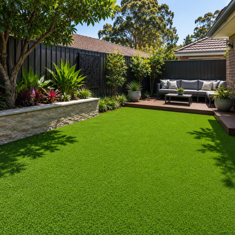 Completed artificial grass installation in a Sydney backyard garden