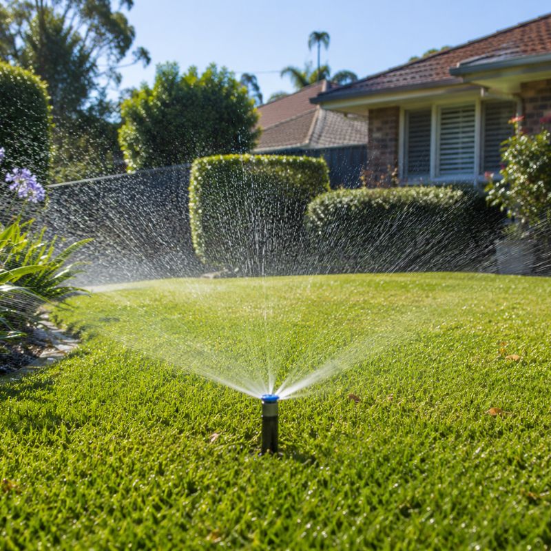 Automatic garden sprinkler spraying a Sydney suburban lawn