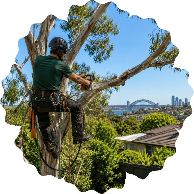 Gardener pruning a jacaranda tree in a Sydney backyard