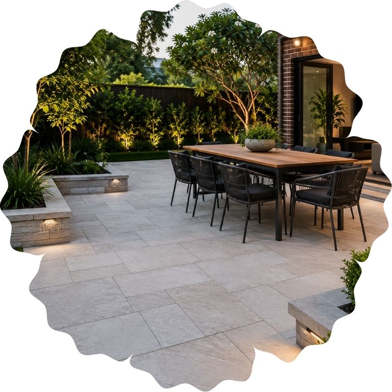 Completed stone patio paving surrounding outdoor dining area in Sydney backyard
