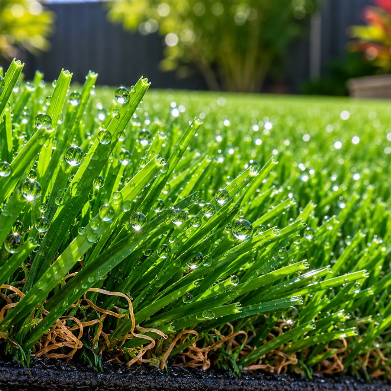 Close-up of water-saving artificial grass fibres after installation