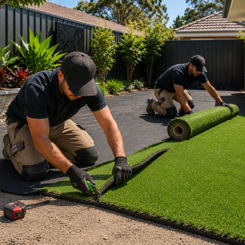 A1 team cutting and laying synthetic turf base in Sydney