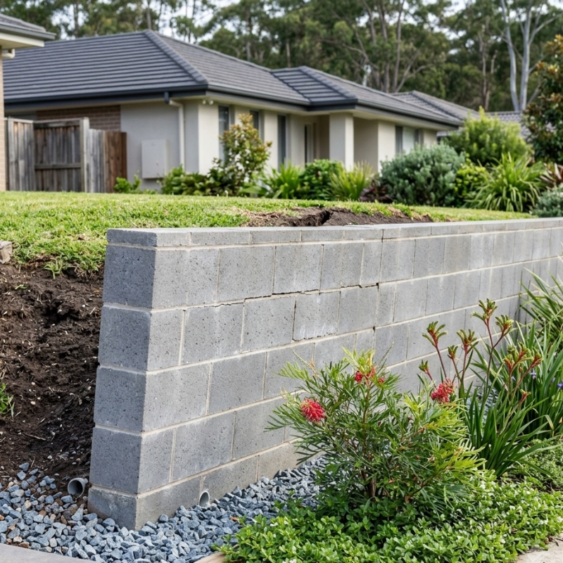 Residential retaining wall in a Sydney backyard showing cracks, slight leaning and drainage issues.