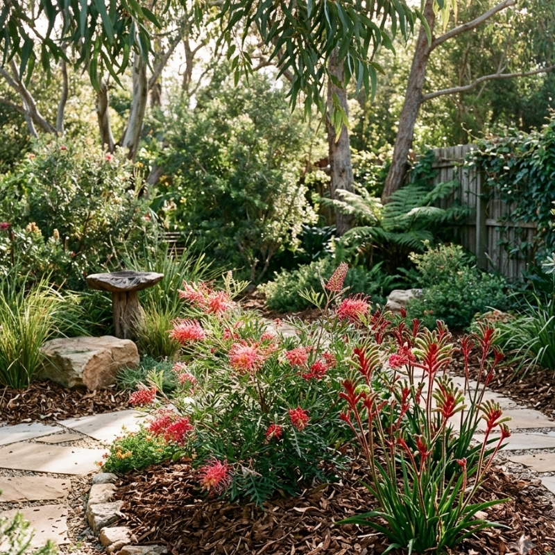 Coarse eucalypt mulch spread around flowering native plants in a Sydney garden.