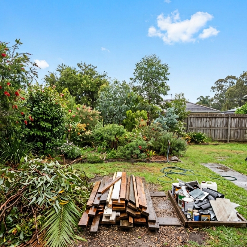Sorted storm debris piles in a Sydney backyard ready for green waste collection