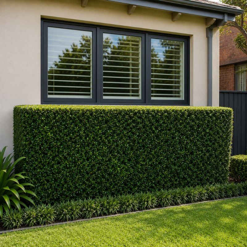 Same hedge trimmed to a crisp, even shape with the window clear