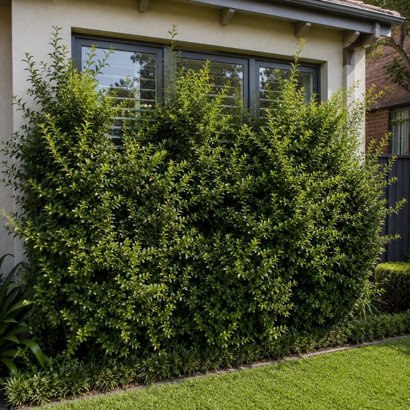Overgrown, uneven Sydney hedge blocking a window before trimming