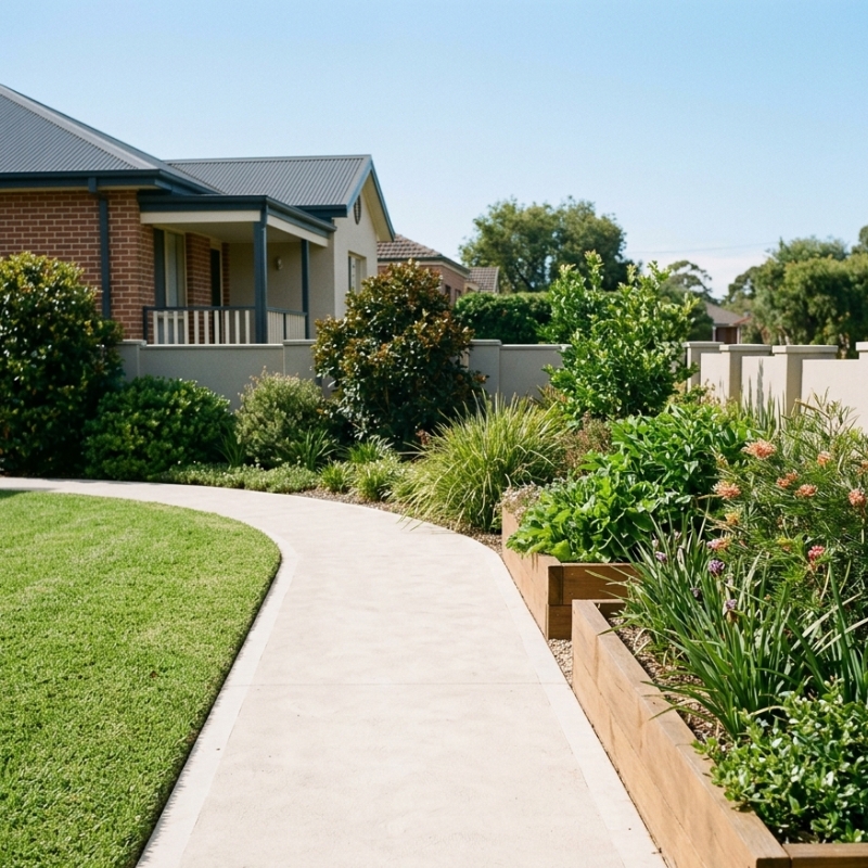 A wide, smooth concrete garden path winding past a freshly mowed low lawn and timber raised garden beds filled with green foliage in a tidy Sydney backyard.