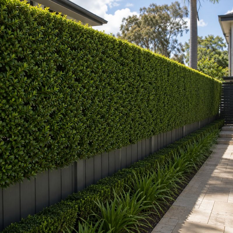Tall privacy screen trimmed level along a boundary fence