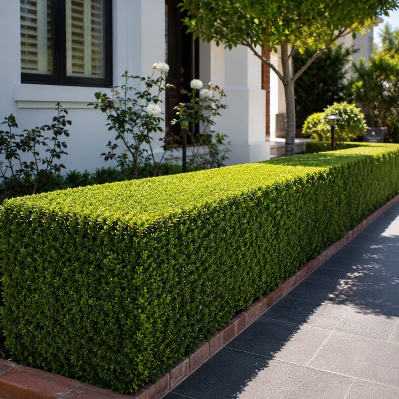 Neatly shaped front hedge with clean edges after trimming
