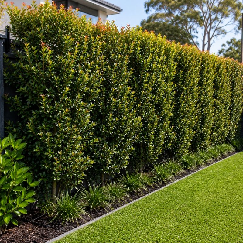 Tall privacy screen trimmed level along a boundary fence