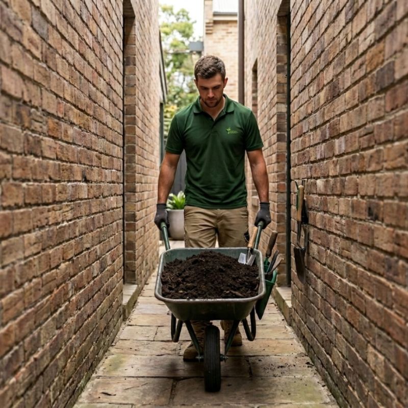 Tight access landscaping through a side gate or rear lane in the Inner West