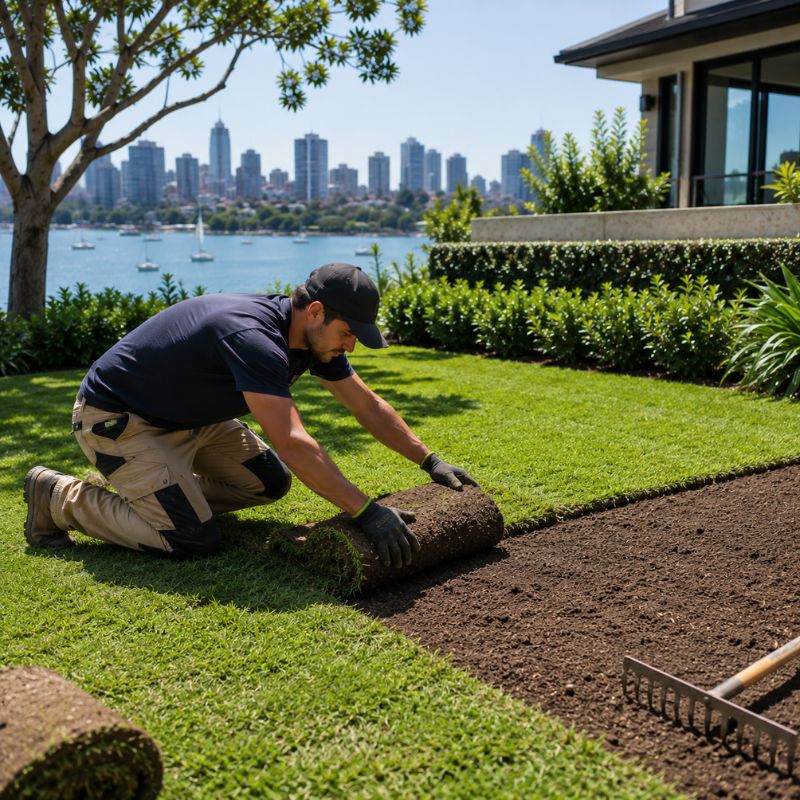 turf laying being carried out on a North Sydney property, part of landscaping North Sydney