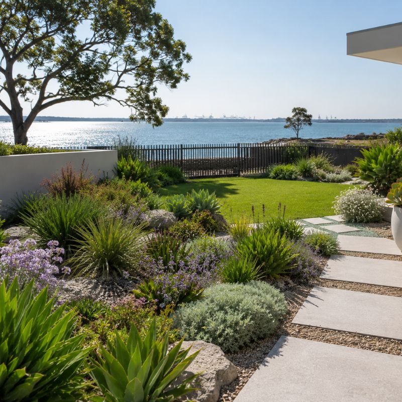 Landscaping Bayside coastal garden with salt tolerant planting on a flat Botany Bay block