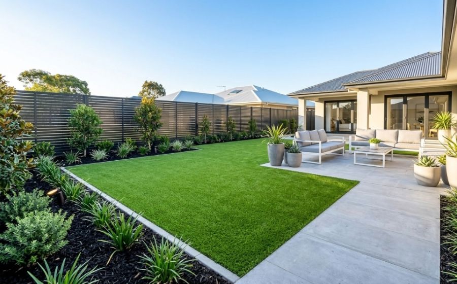 Backyard landscaping project in Bayside with paving, lawn and garden beds