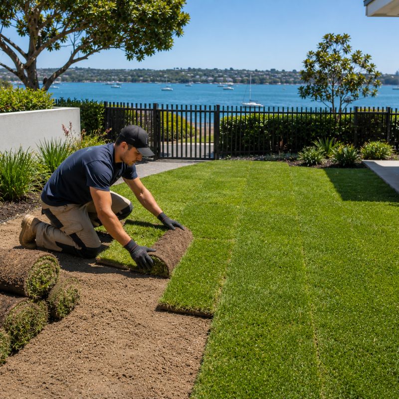 turf laying being carried out on a Bayside property, part of landscaping Bayside