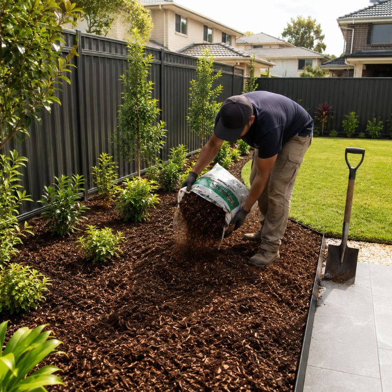 mulching being carried out on a Canterbury-Bankstown property, part of landscaping Canterbury-Bankstown