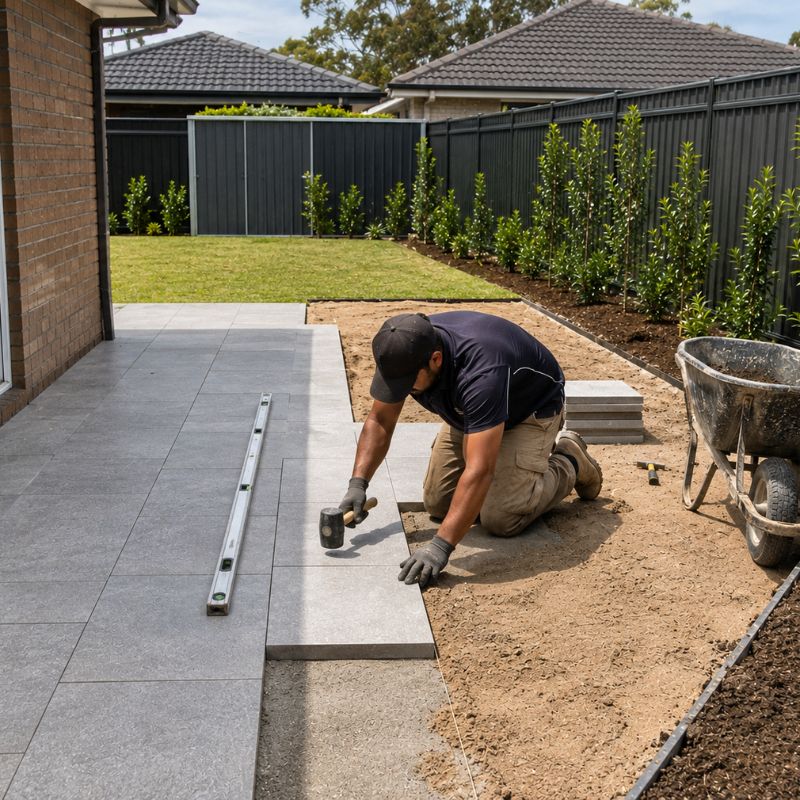 paving being carried out on a Canterbury-Bankstown property, part of landscaping Canterbury-Bankstown