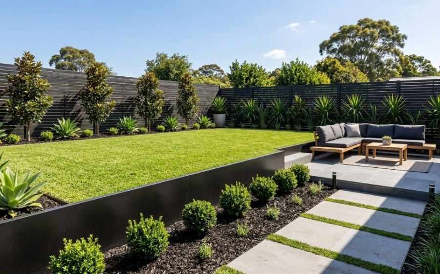 Backyard landscaping project in Canterbury-Bankstown with paving, lawn and garden beds