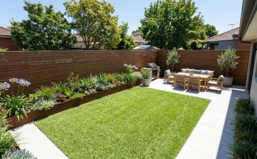 Backyard landscaping project in Inner West with paving, lawn and garden beds