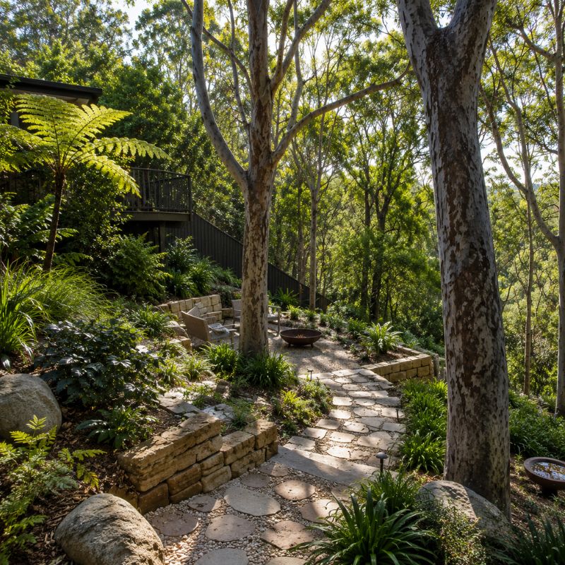 Landscaping Ku-ring-gai bushland garden set among established trees on a leafy upper north shore block