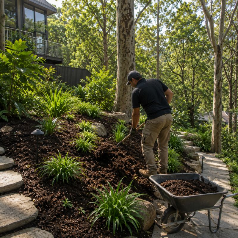 mulching being carried out on a Ku-ring-gai property, part of landscaping Ku-ring-gai