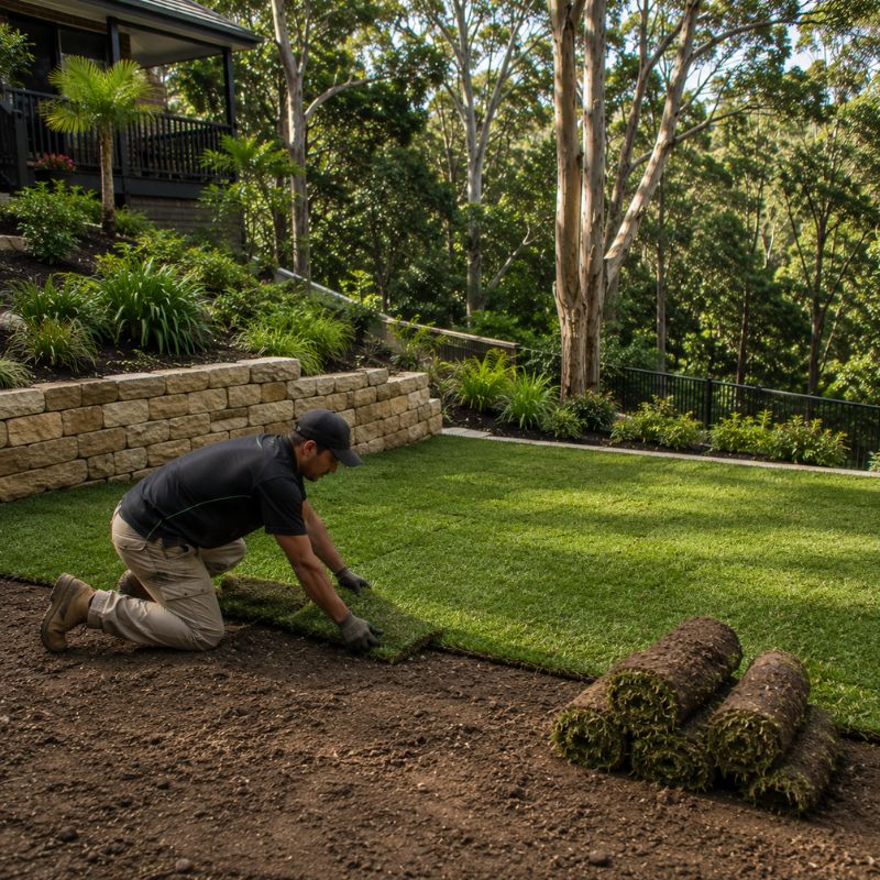 turf laying being carried out on a Ku-ring-gai property, part of landscaping Ku-ring-gai