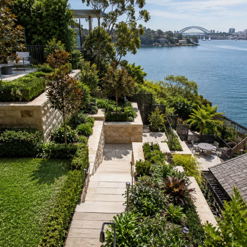 Landscaping North Sydney harbourside garden terraced down a steep sandstone block with harbour views