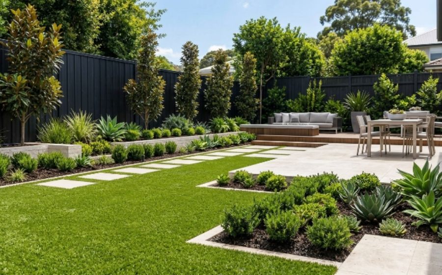 Backyard landscaping project in North Sydney with paving, lawn and garden beds