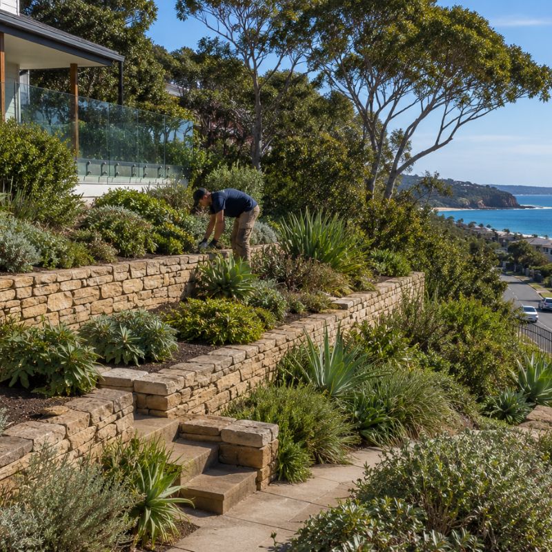 Landscaping Northern Beaches coastal garden with terracing and wind hardy native planting above the street