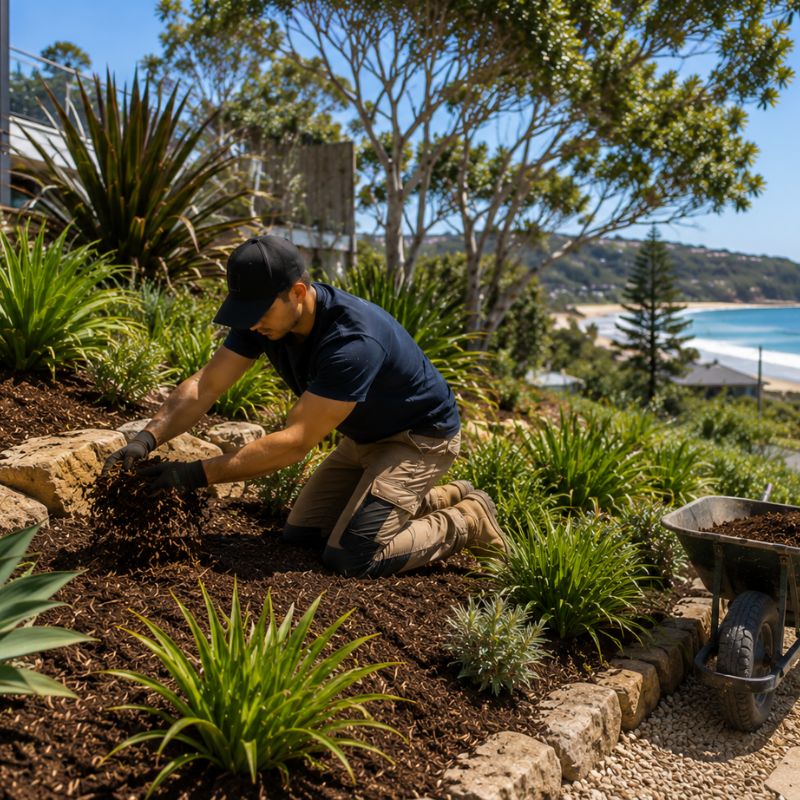 mulching being carried out on a Northern Beaches property, part of landscaping Northern Beaches