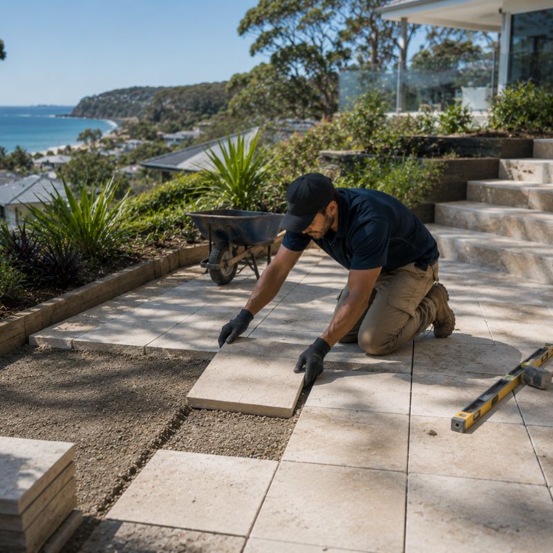 paving being carried out on a Northern Beaches property, part of landscaping Northern Beaches