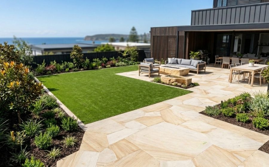 Backyard landscaping project in Northern Beaches with paving, lawn and garden beds
