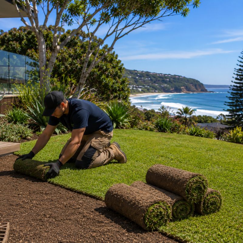turf laying being carried out on a Northern Beaches property, part of landscaping Northern Beaches