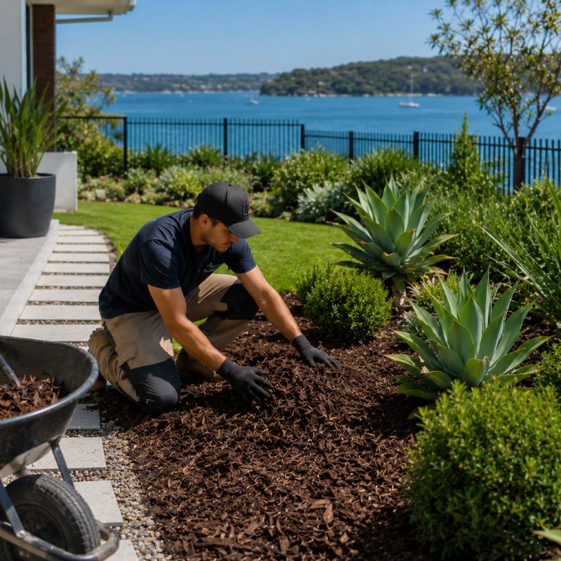 mulching being carried out on a Sutherland Shire property, part of landscaping Sutherland Shire