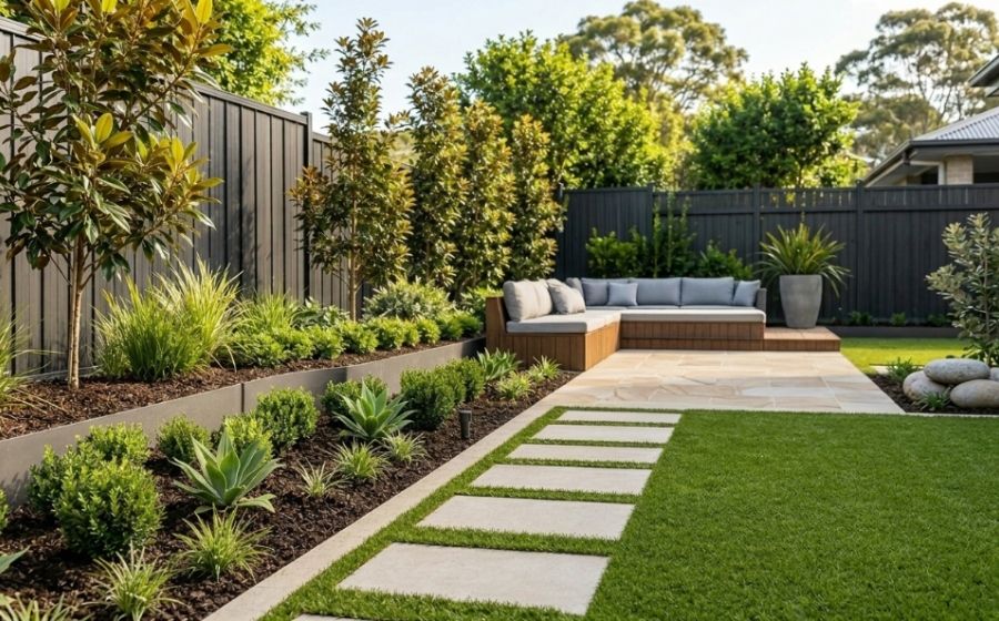 Backyard landscaping project in Sutherland Shire with paving, lawn and garden beds
