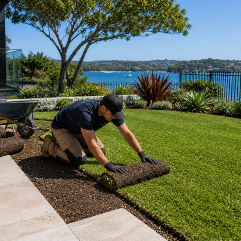 turf laying being carried out on a Sutherland Shire property, part of landscaping Sutherland Shire