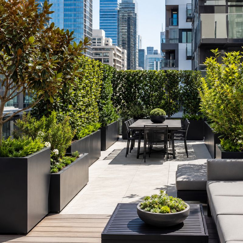 Landscaping Sydney CBD rooftop terrace garden with planters and screening above the city