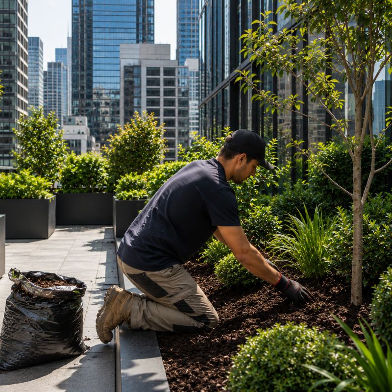 mulching being carried out on a Sydney CBD property, part of landscaping Sydney CBD