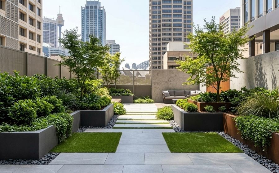 Sydney CBD landscaping project with paving, lawn and garden beds