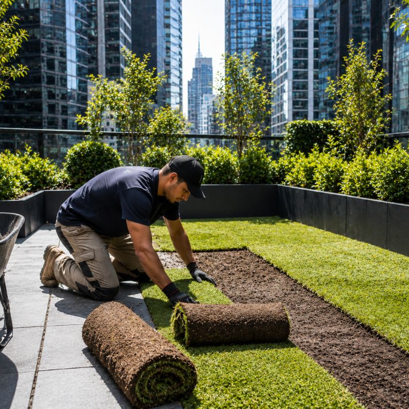 turf laying being carried out on a Sydney CBD property, part of landscaping Sydney CBD