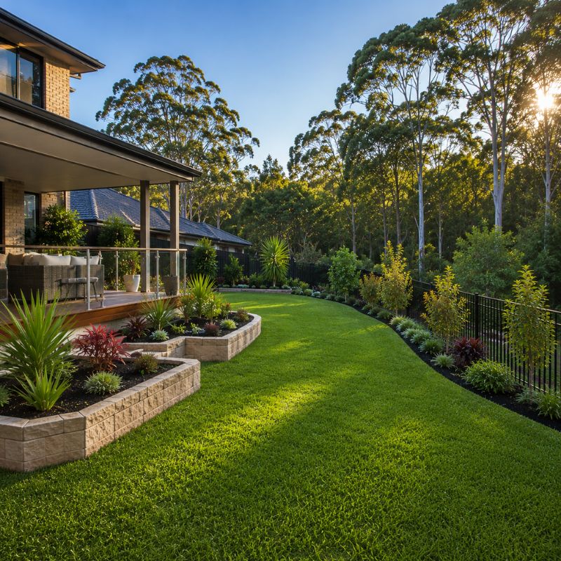 Landscaping The Hills Shire family backyard with new turf and beds on a large sloping estate block