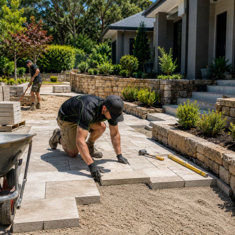 paving being carried out on a The Hills Shire property, part of landscaping The Hills Shire